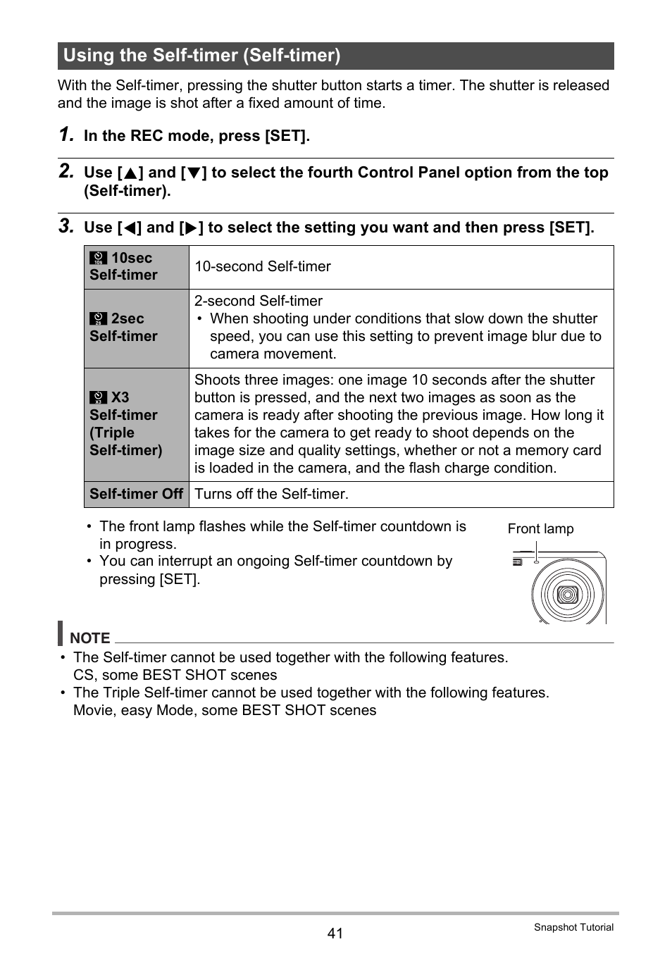 Using the self-timer (self-timer) | Casio EXILIM EX-Z88 User Manual | Page 41 / 139
