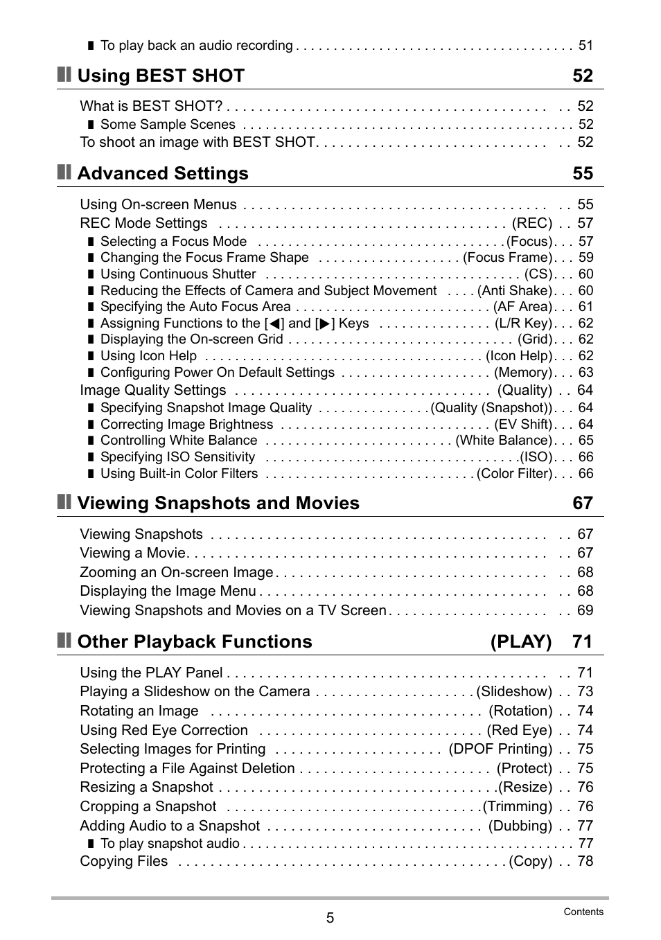 Using best shot 52, Advanced settings 55, Viewing snapshots and movies 67 | Other playback functions (play) 71 | Casio EXILIM EX-Z88 User Manual | Page 5 / 139