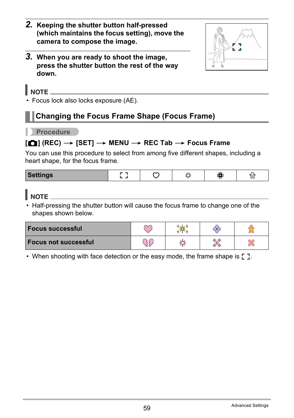 Changing the focus frame shape (focus frame) | Casio EXILIM EX-Z88 User Manual | Page 59 / 139