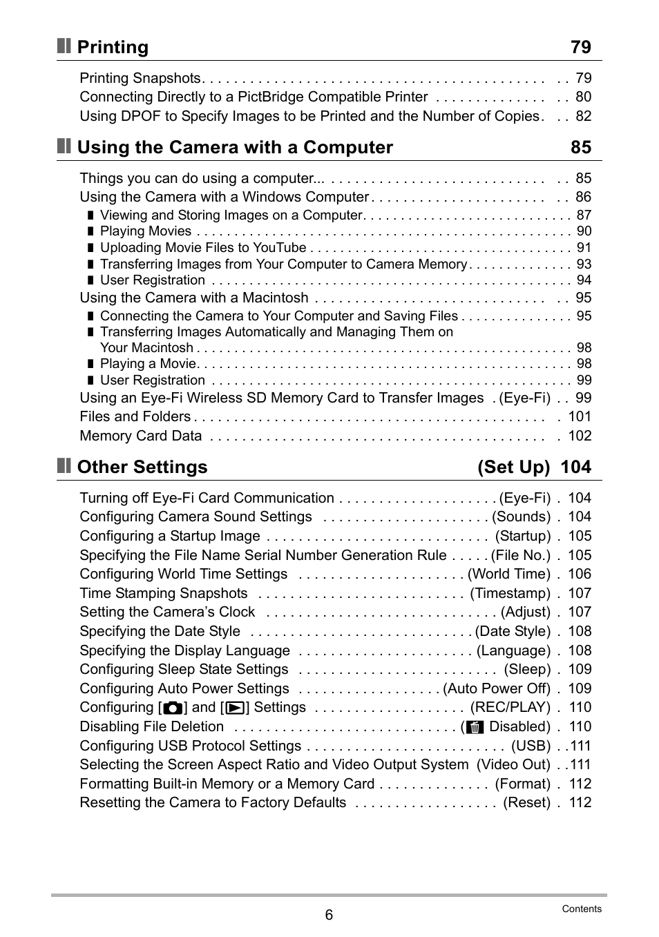 Printing 79, Using the camera with a computer 85, Other settings (set up) 104 | Casio EXILIM EX-Z88 User Manual | Page 6 / 139