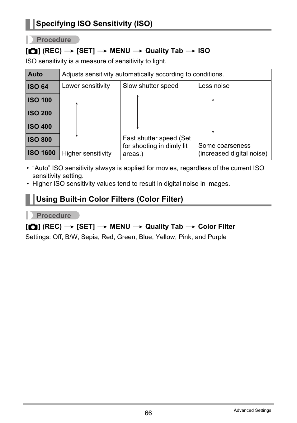Specifying iso sensitivity (iso), Using built-in color filters (color filter) | Casio EXILIM EX-Z88 User Manual | Page 66 / 139