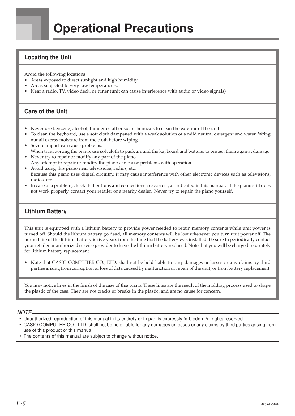 Operational precautions | Casio AP-24 User Manual | Page 10 / 36