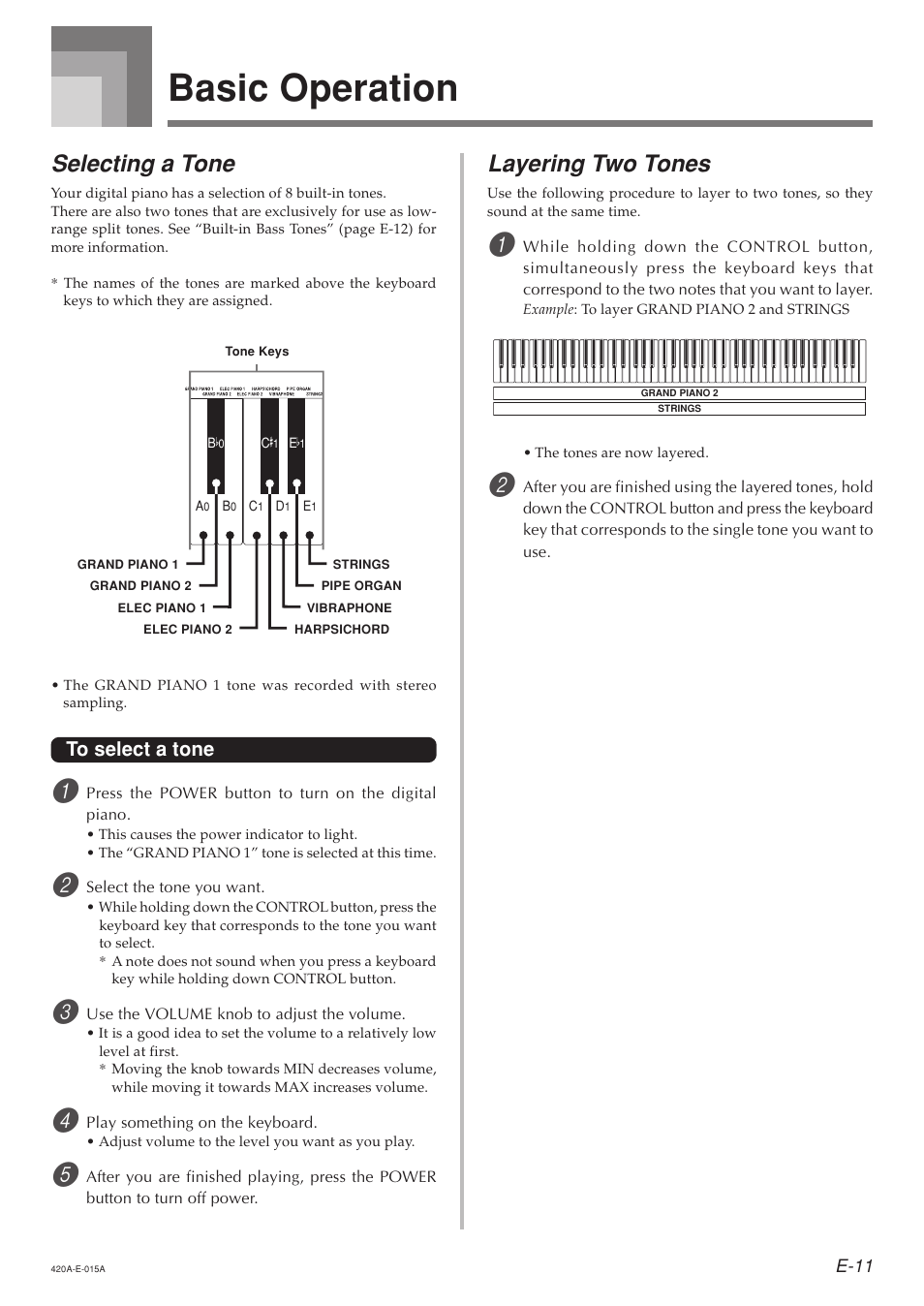 Basic operation, Selecting a tone, Layering two tones | Casio AP-24 User Manual | Page 15 / 36