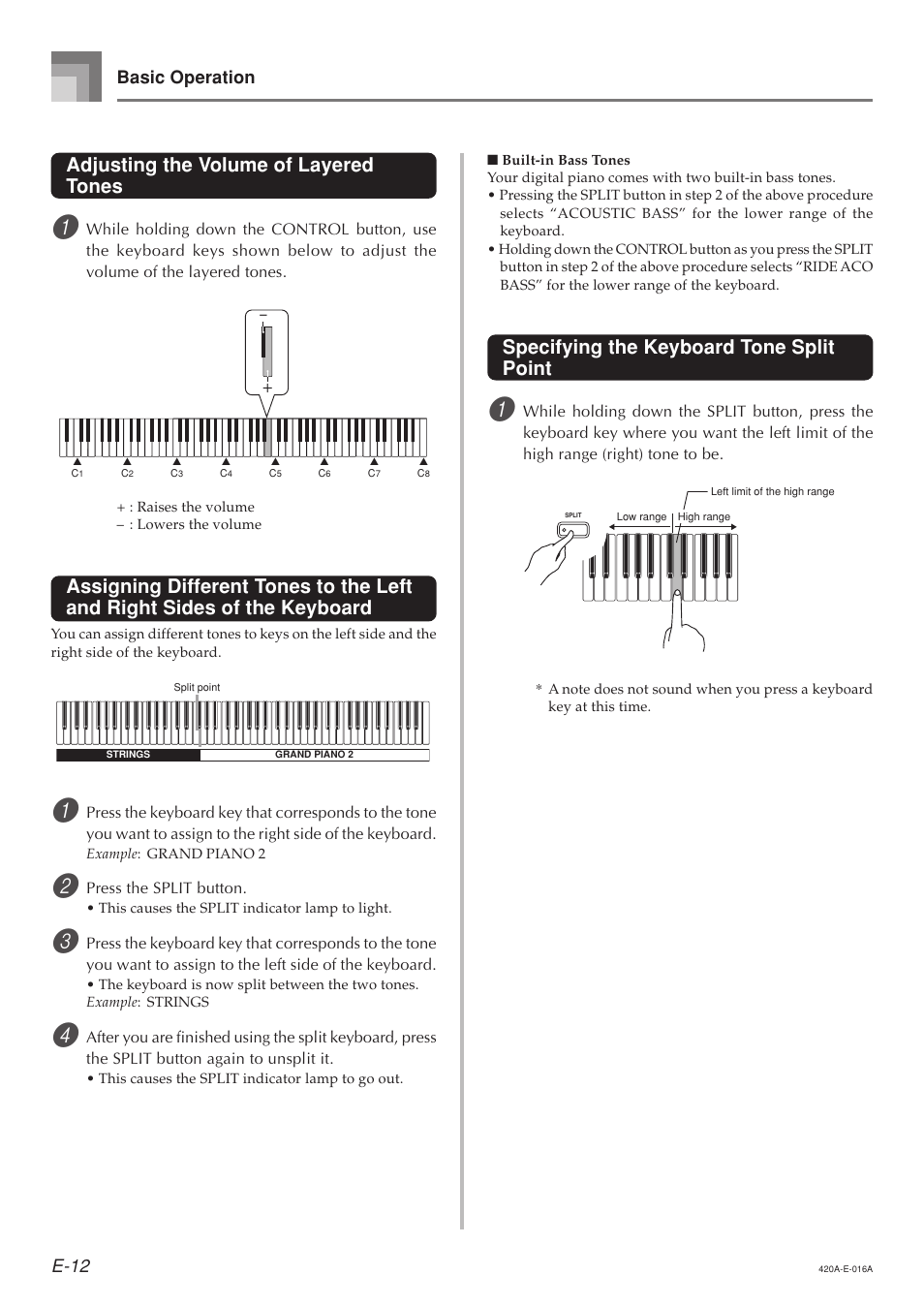 Adjusting the volume of layered tones, Specifying the keyboard tone split point, E-12 | Basic operation | Casio AP-24 User Manual | Page 16 / 36