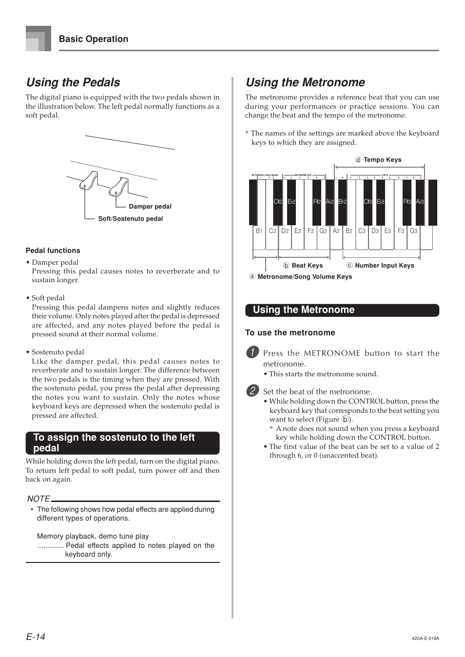 Using the pedals, Using the metronome, E-14 basic operation | Casio AP-24 User Manual | Page 18 / 36