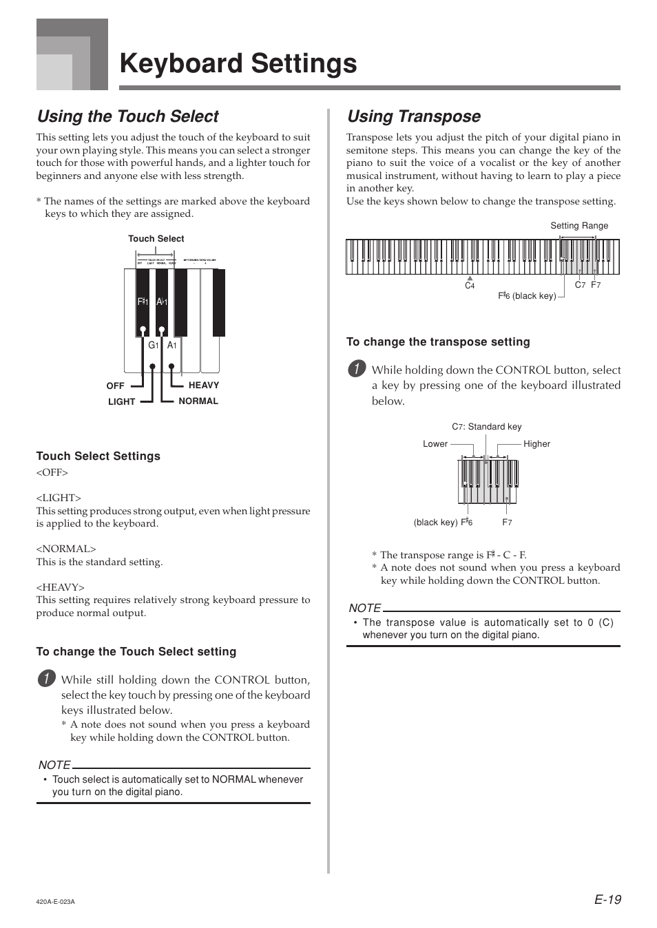 Keyboard settings, Using the touch select, Using transpose | E-19 | Casio AP-24 User Manual | Page 23 / 36