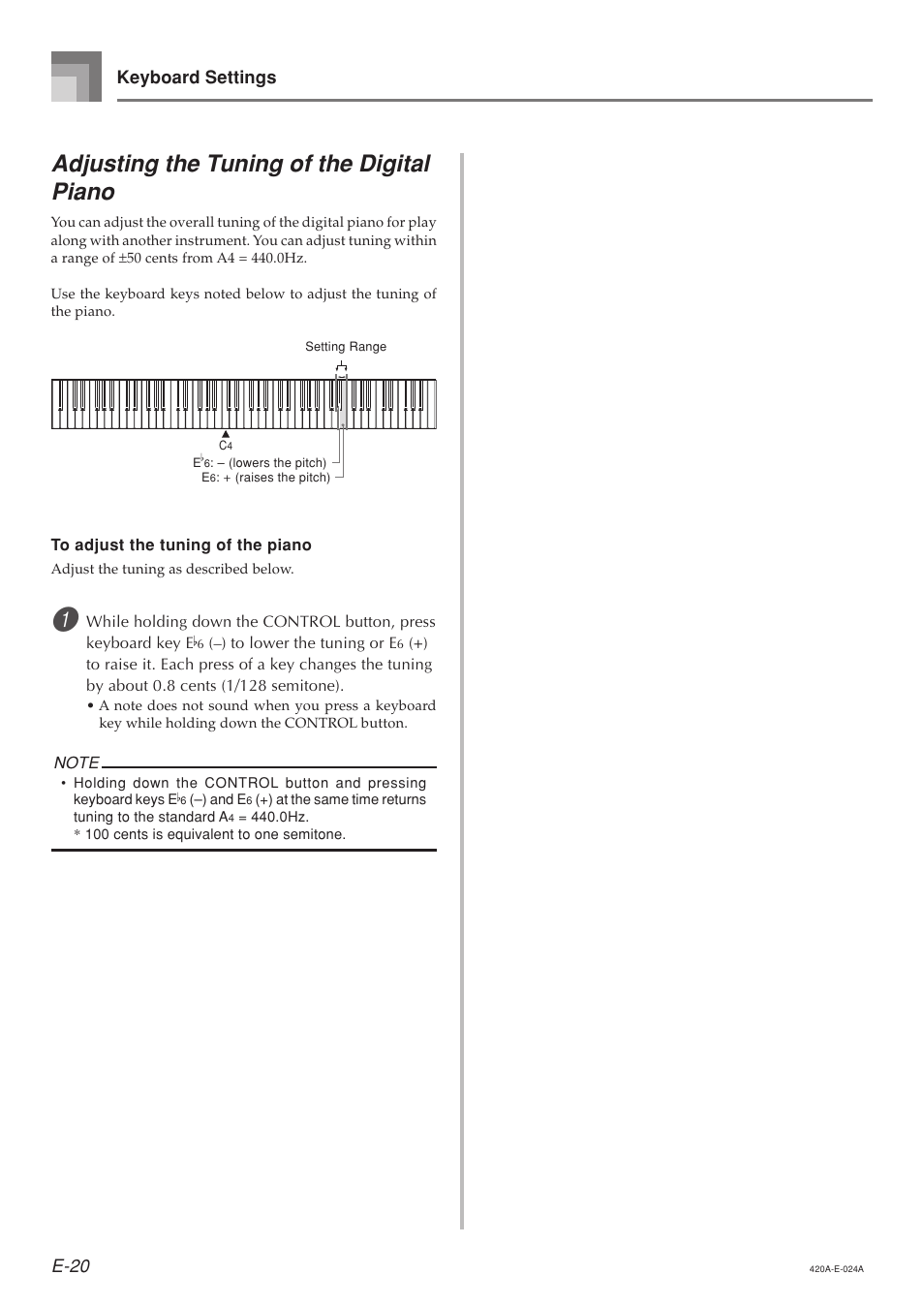Adjusting the tuning of the digital piano, E-20, Keyboard settings | Casio AP-24 User Manual | Page 24 / 36