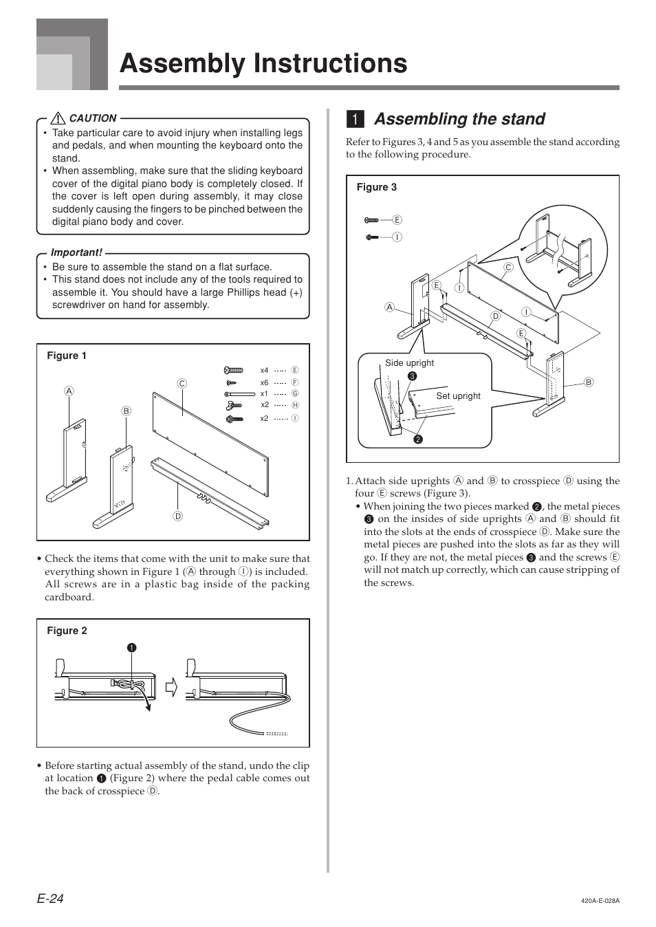 Assembly instructions, Assembling the stand, E-24 | Casio AP-24 User Manual | Page 28 / 36