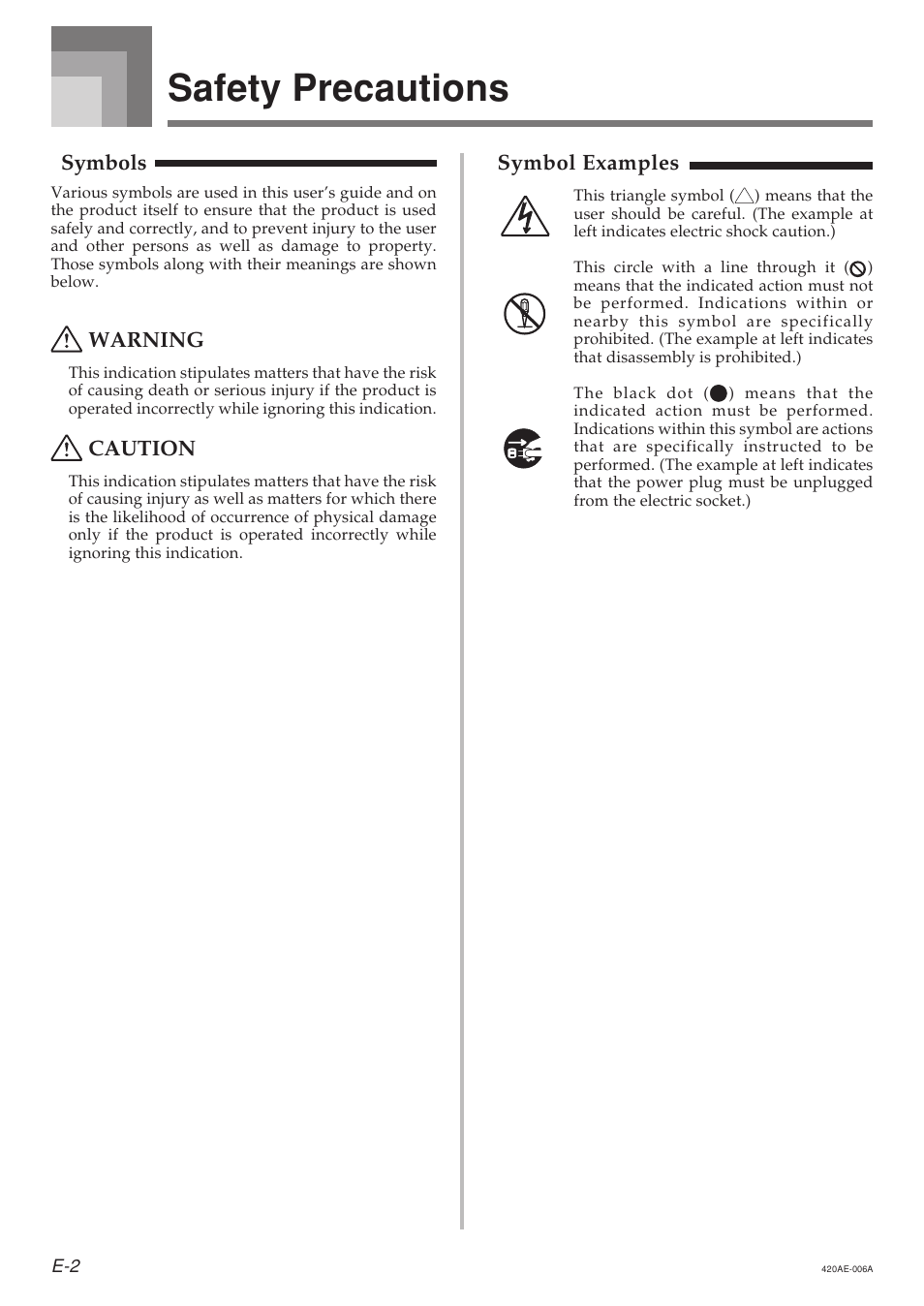 Safety precautions, Symbols, Warning | Caution, Symbol examples | Casio AP-24 User Manual | Page 6 / 36