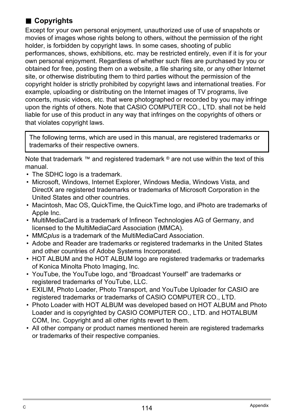 Copyrights | Casio EXILIM K1190PCM1DMX User Manual | Page 114 / 139