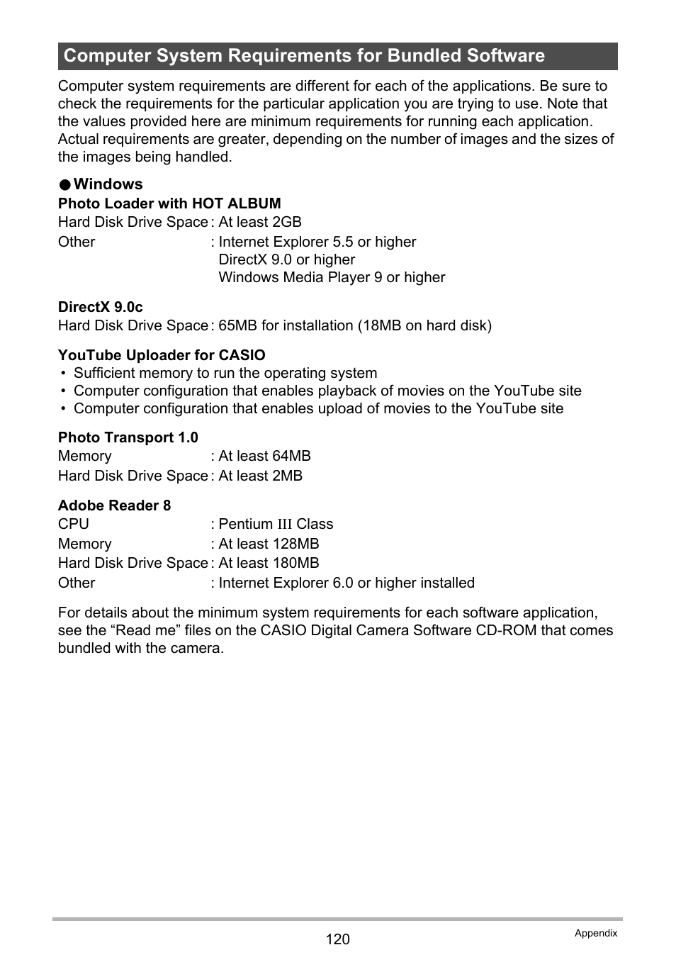 Computer system requirements for bundled software | Casio EXILIM K1190PCM1DMX User Manual | Page 120 / 139