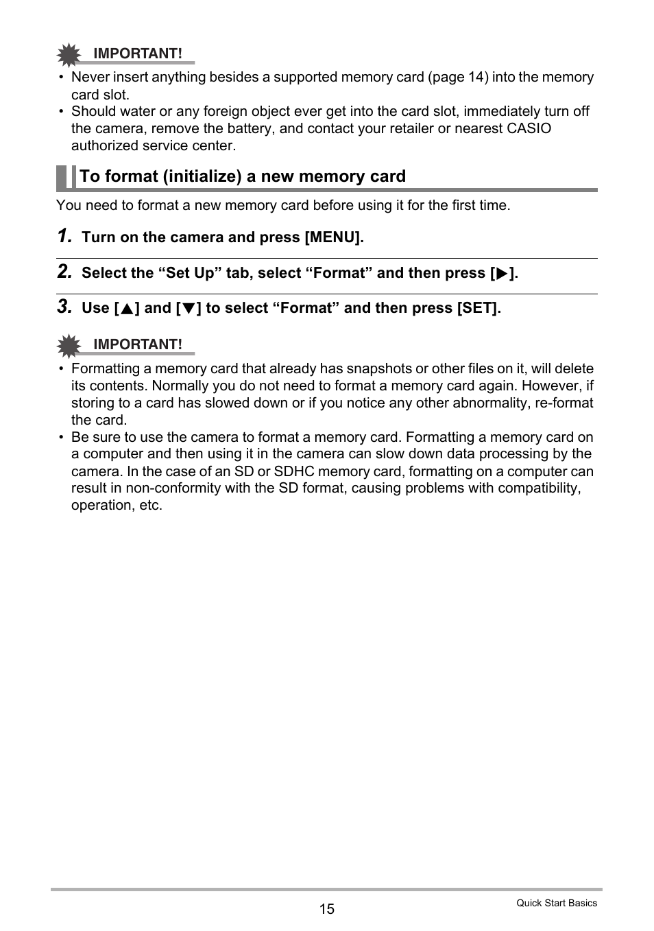 To format (initialize) a new memory card | Casio EXILIM K1190PCM1DMX User Manual | Page 15 / 139