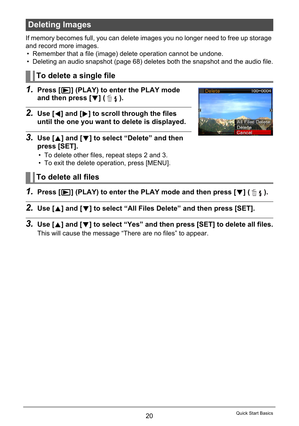 Deleting images, To delete a single file, To delete all files | Casio EXILIM K1190PCM1DMX User Manual | Page 20 / 139