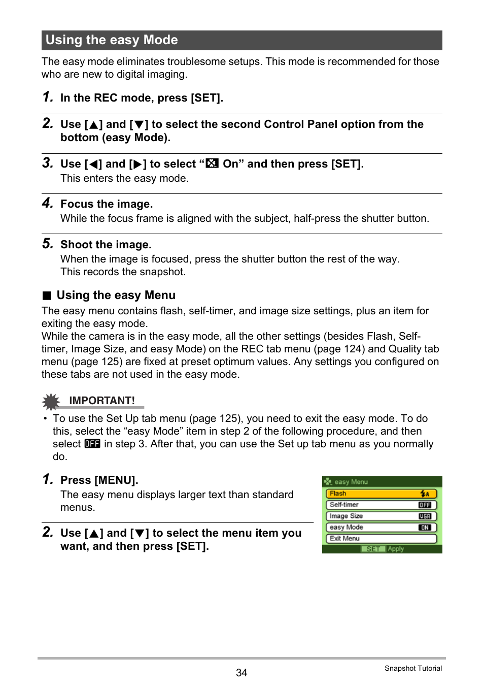 Using the easy mode | Casio EXILIM K1190PCM1DMX User Manual | Page 34 / 139