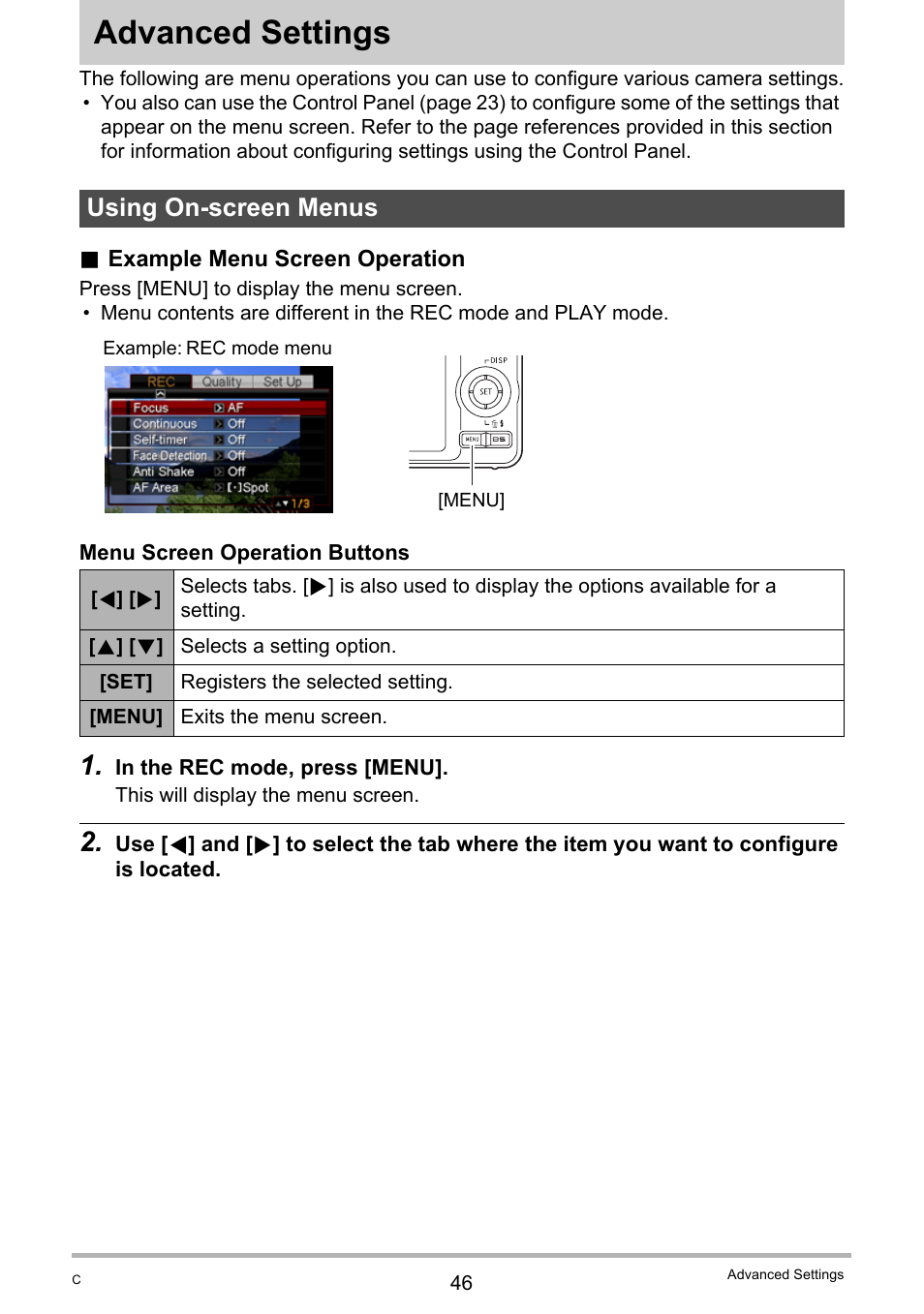 Advanced settings, Using on-screen menus | Casio EXILIM K1190PCM1DMX User Manual | Page 46 / 139