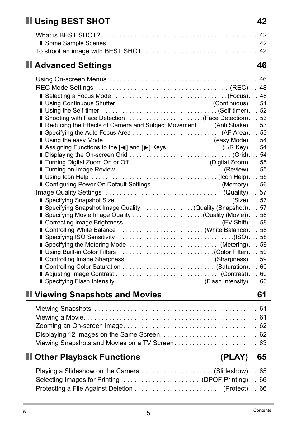 Using best shot 42, Advanced settings 46, Viewing snapshots and movies 61 | Other playback functions (play) 65 | Casio EXILIM K1190PCM1DMX User Manual | Page 5 / 139