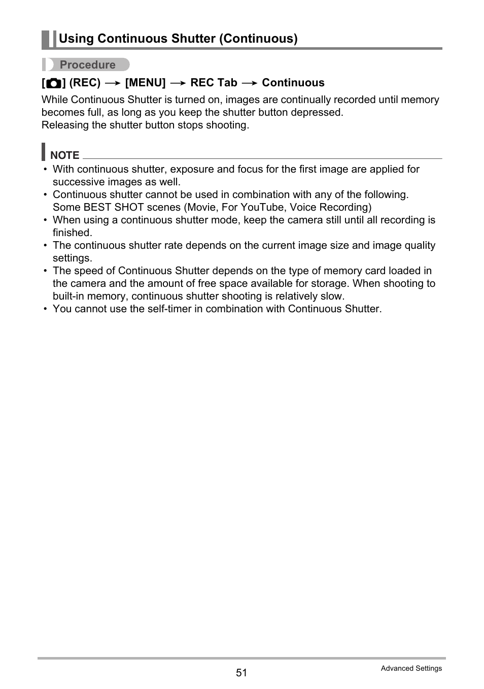 Using continuous shutter (continuous) | Casio EXILIM K1190PCM1DMX User Manual | Page 51 / 139