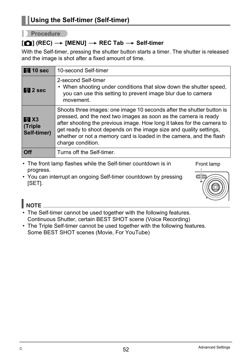 Using the self-timer (self-timer) | Casio EXILIM K1190PCM1DMX User Manual | Page 52 / 139