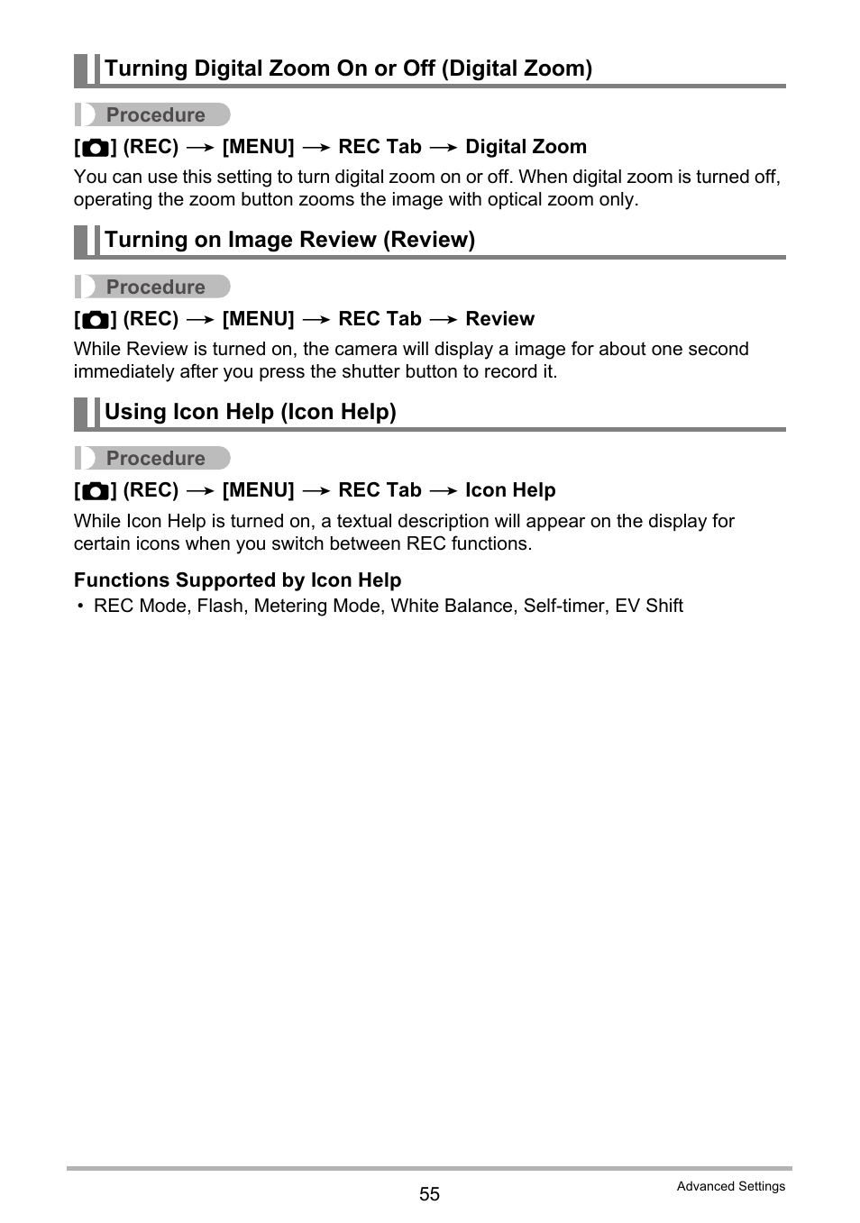 Turning digital zoom on or off (digital zoom), Turning on image review (review), Using icon help (icon help) | Casio EXILIM K1190PCM1DMX User Manual | Page 55 / 139