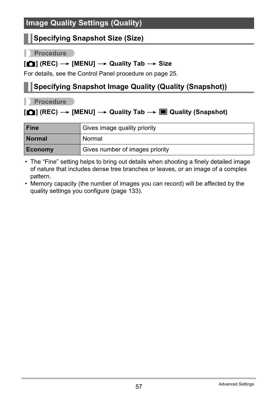 Image quality settings (quality), Specifying snapshot size (size) | Casio EXILIM K1190PCM1DMX User Manual | Page 57 / 139