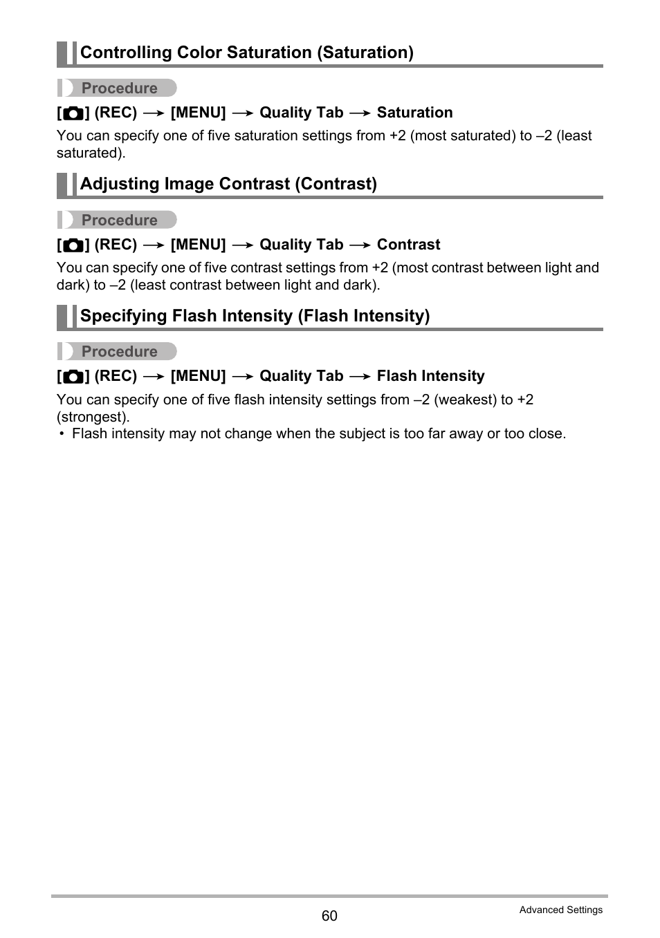 Controlling color saturation (saturation), Adjusting image contrast (contrast), Specifying flash intensity (flash intensity) | Casio EXILIM K1190PCM1DMX User Manual | Page 60 / 139