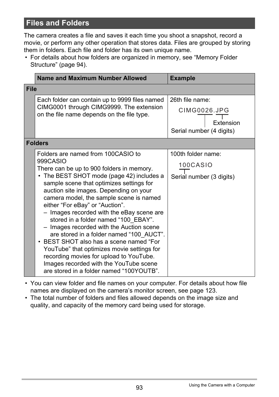 Files and folders | Casio EXILIM K1190PCM1DMX User Manual | Page 93 / 139