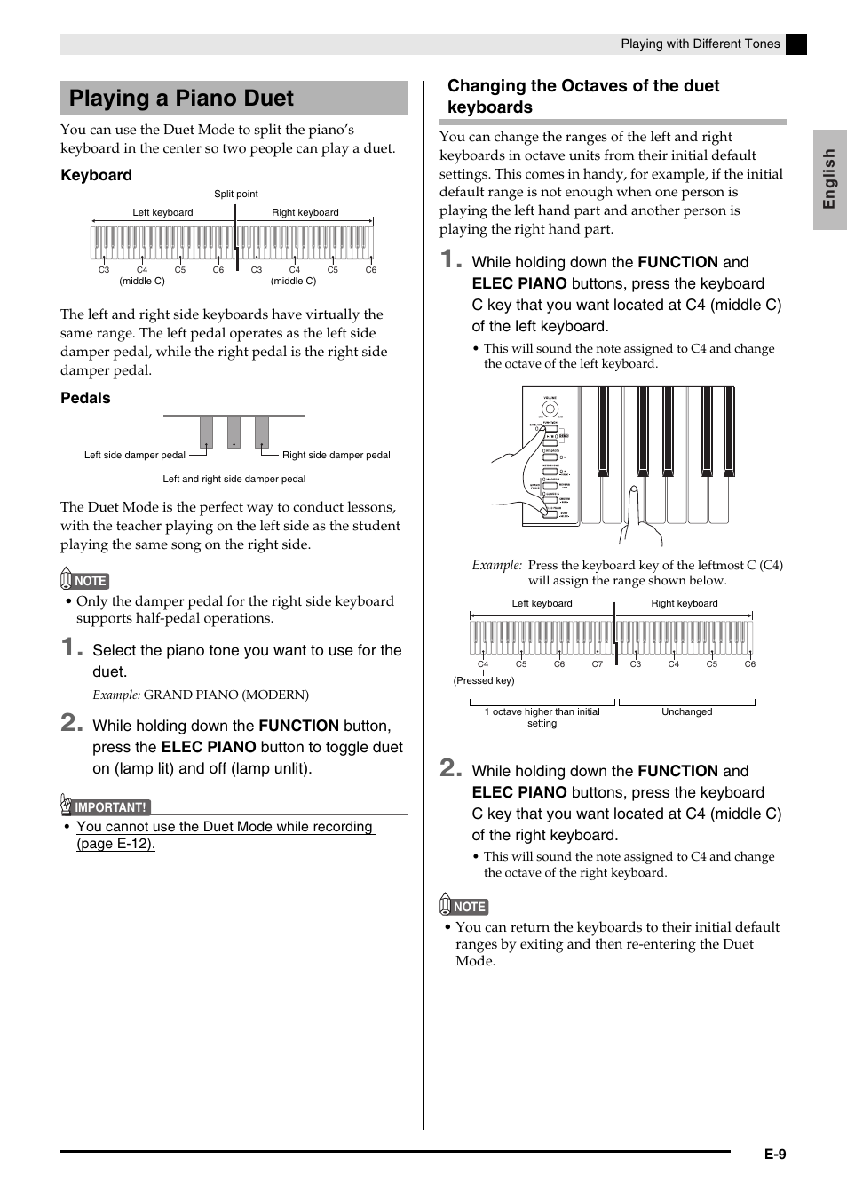 Playing a piano duet, Changing the octaves of the duet keyboards | Casio AP420ES1B User Manual | Page 11 / 46