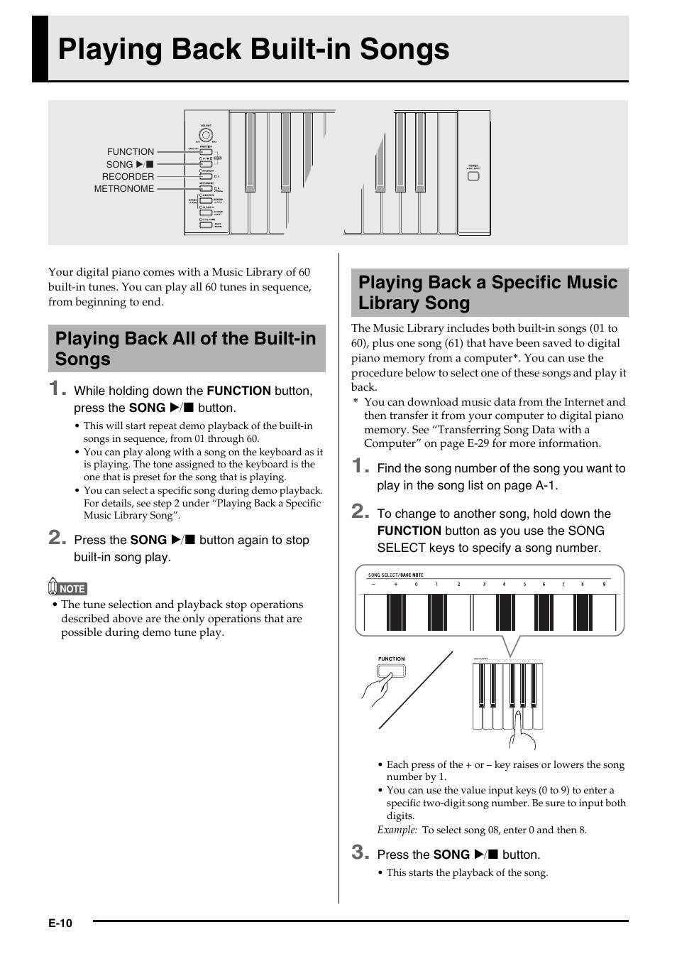 Playing back built-in songs | Casio AP420ES1B User Manual | Page 12 / 46