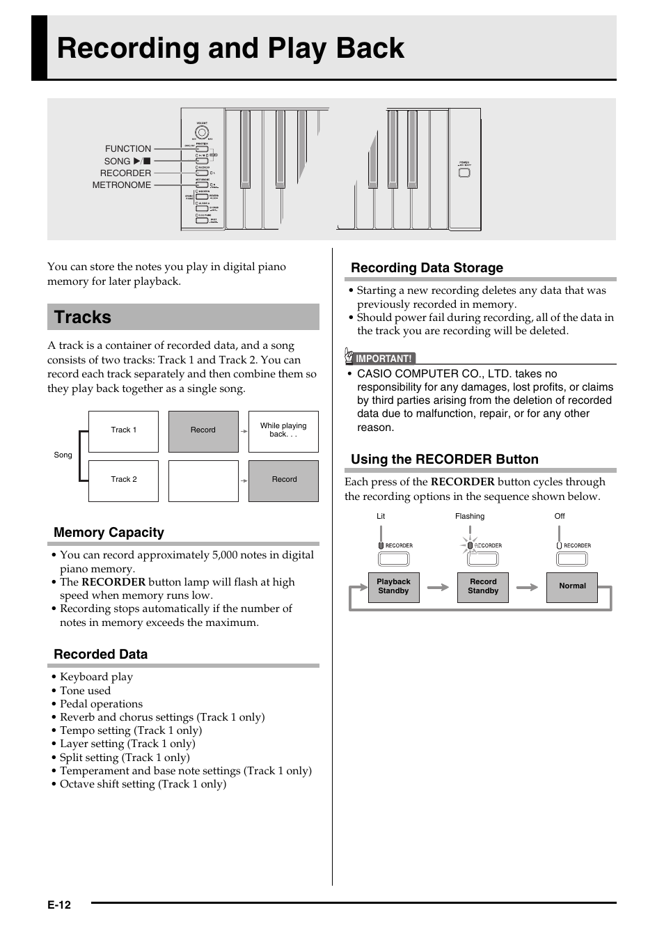 Recording and play back, Tracks, Recorded data | Recording data storage, Using the recorder button | Casio AP420ES1B User Manual | Page 14 / 46