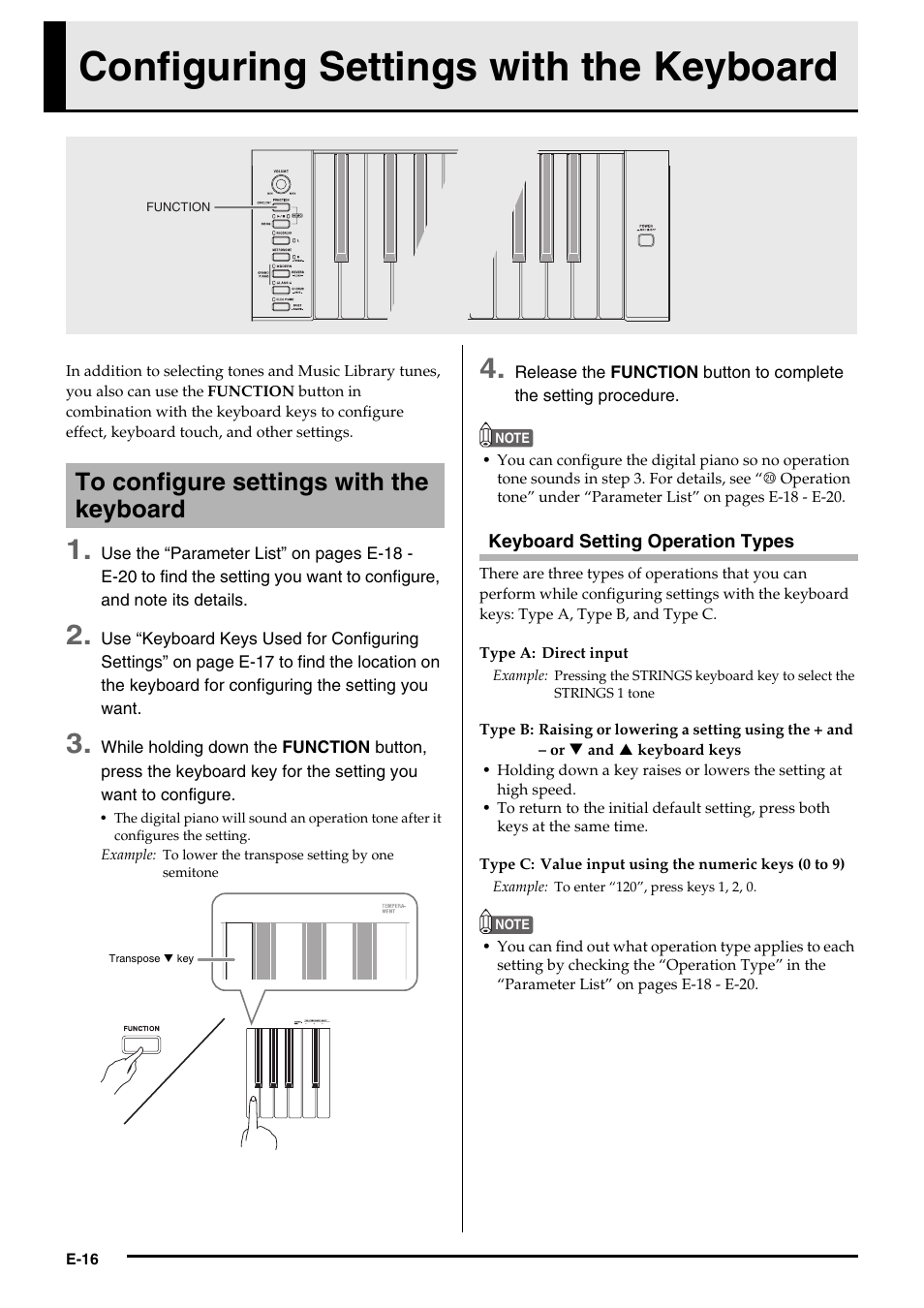 Configuring settings with the keyboard | Casio AP420ES1B User Manual | Page 18 / 46