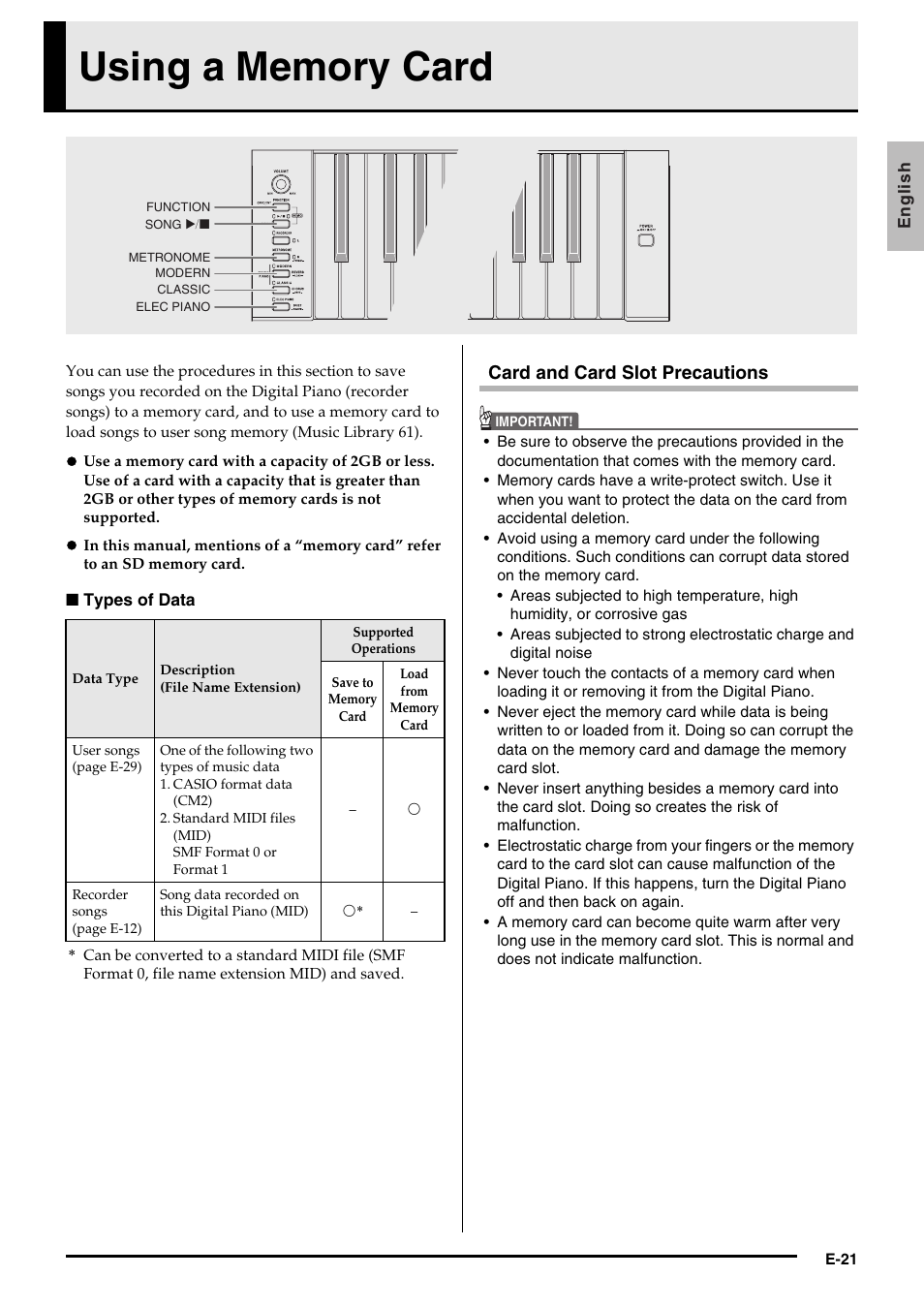 Card and card slot precautions | Casio AP420ES1B User Manual | Page 23 / 46