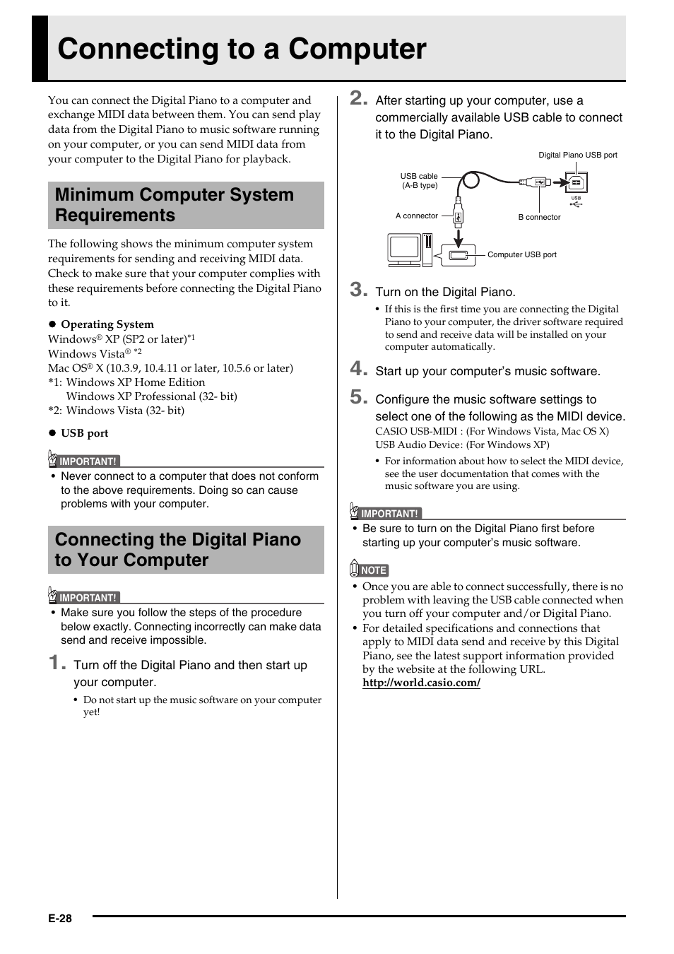 Connecting to a computer, Minimum computer system requirements, Connecting the digital piano to your computer | Casio AP420ES1B User Manual | Page 30 / 46