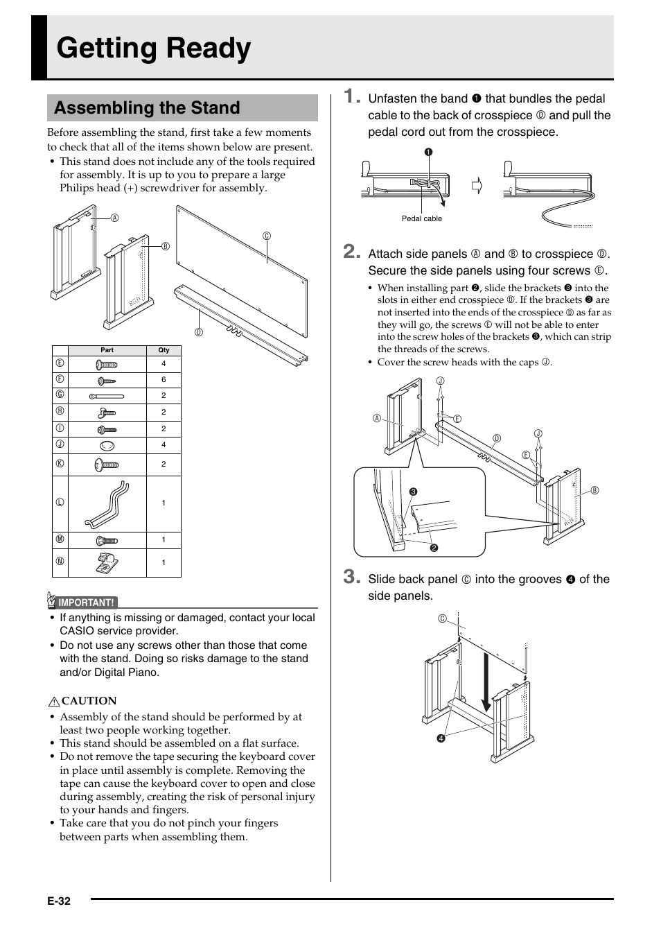 Getting ready, Assembling the stand | Casio AP420ES1B User Manual | Page 34 / 46