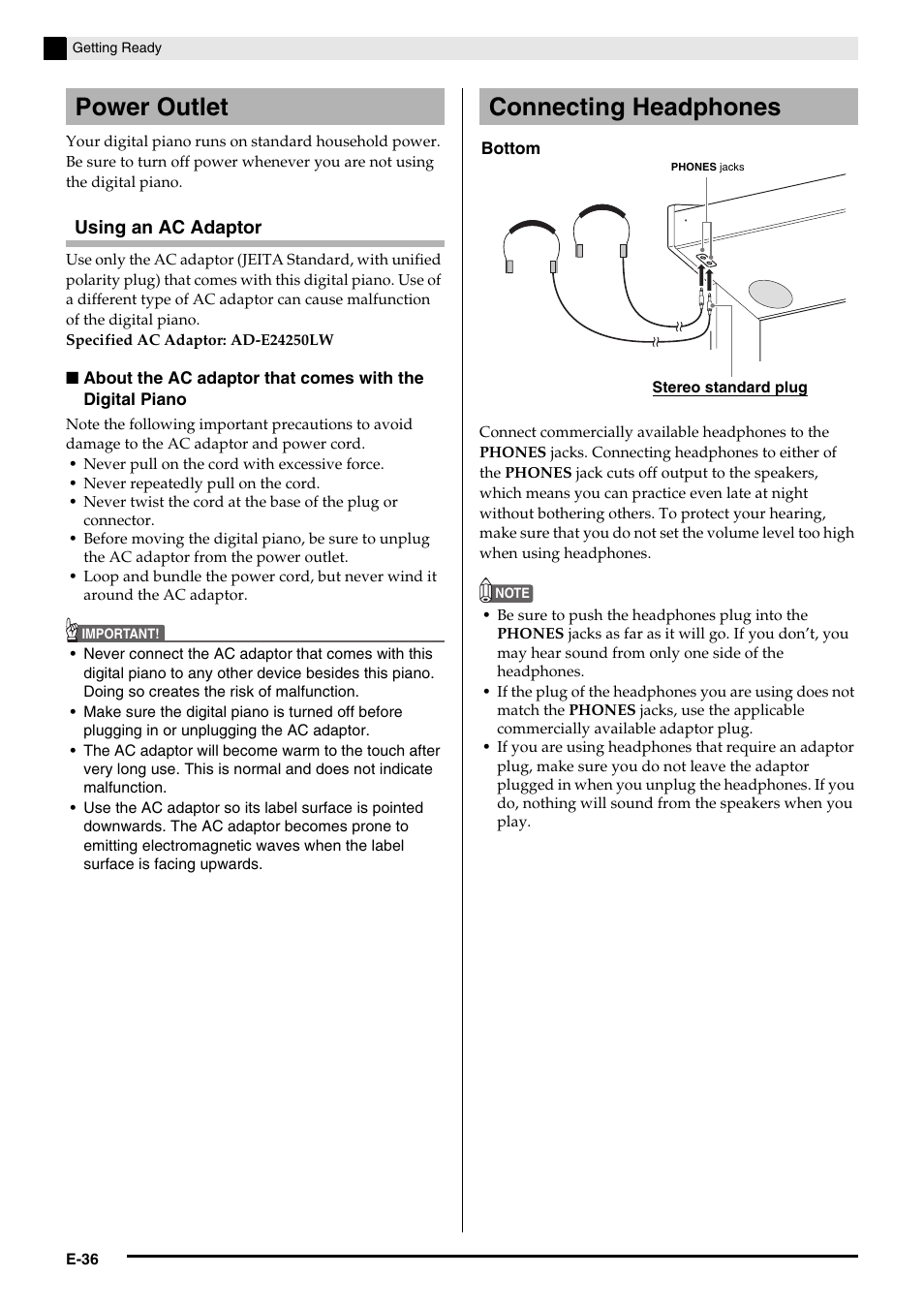 Power outlet connecting headphones, Using an ac adaptor | Casio AP420ES1B User Manual | Page 38 / 46