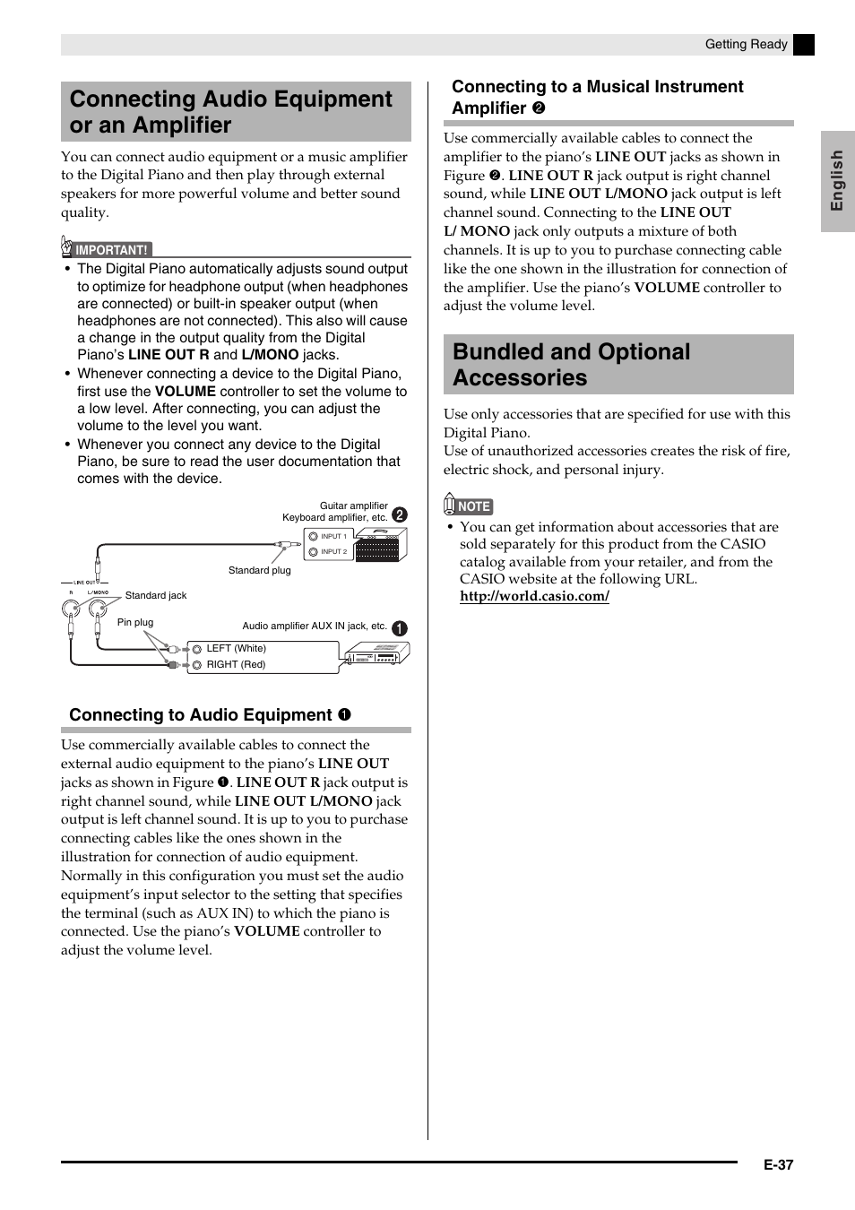 Connecting audio equipment or an amplifier, Bundled and optional accessories, Connecting to audio equipment 1 | Connecting to a musical instrument amplifier 2 | Casio AP420ES1B User Manual | Page 39 / 46