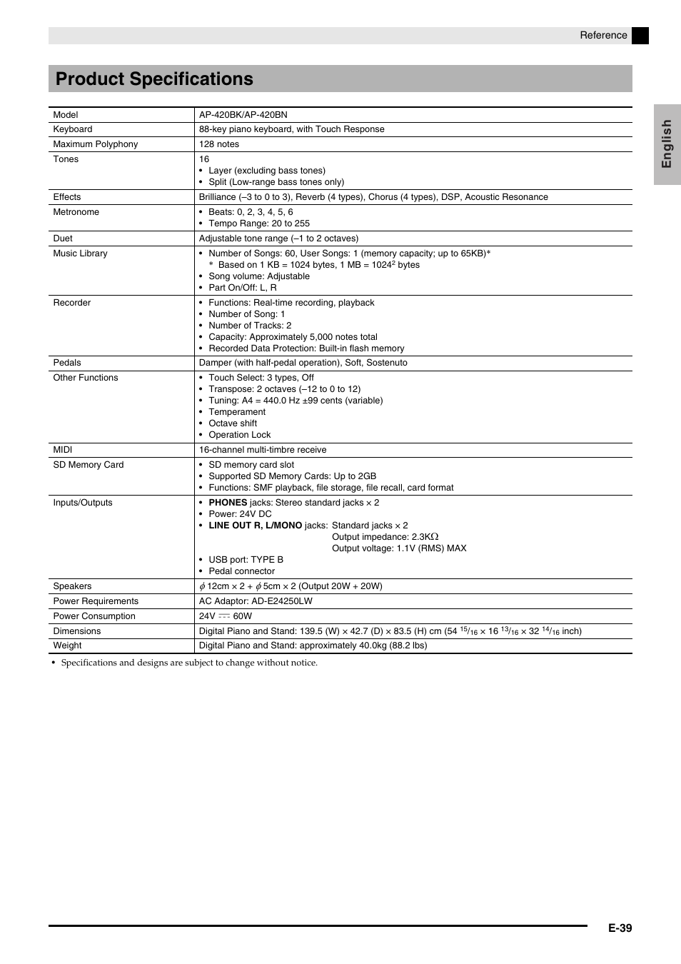 Product specifications, English | Casio AP420ES1B User Manual | Page 41 / 46