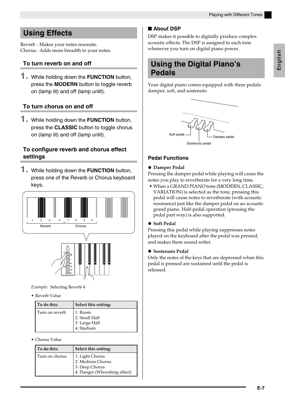 Using effects, Using the digital piano’s pedals | Casio AP420ES1B User Manual | Page 9 / 46