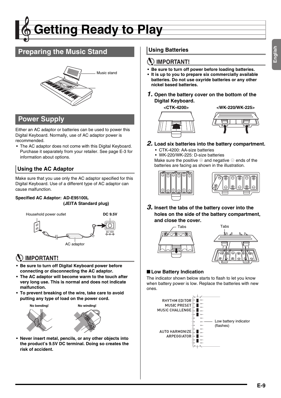 Getting ready to play, Preparing the music stand power supply | Casio WK225 User Manual | Page 11 / 77