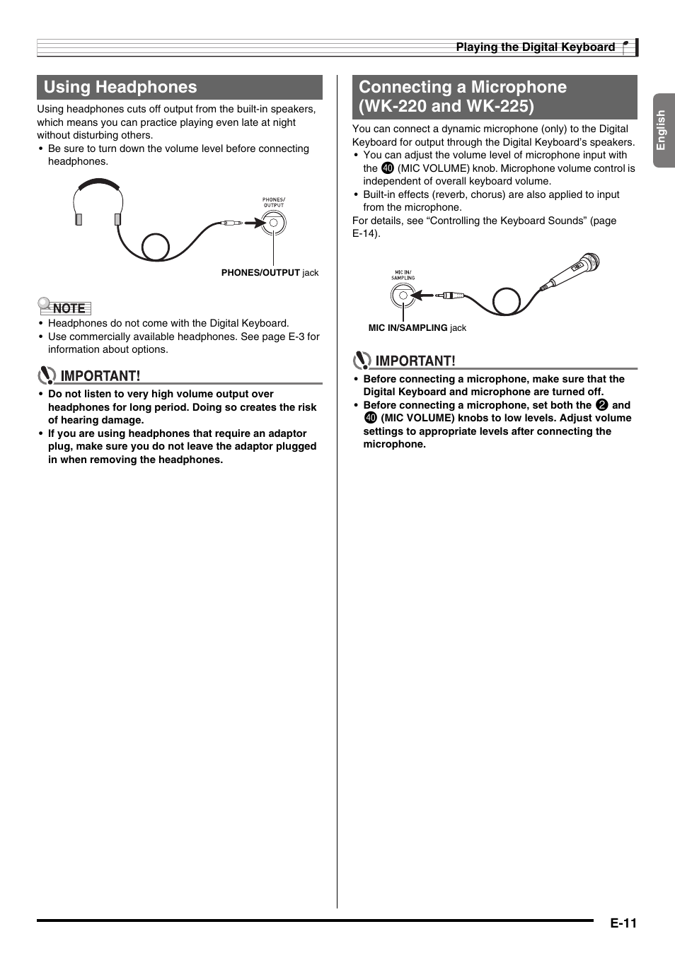Using headphones | Casio WK225 User Manual | Page 13 / 77