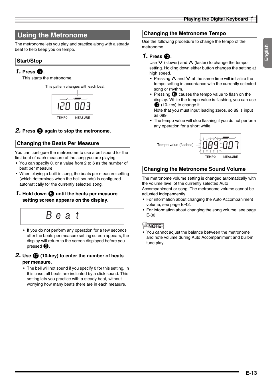 B e a t, Using the metronome | Casio WK225 User Manual | Page 15 / 77