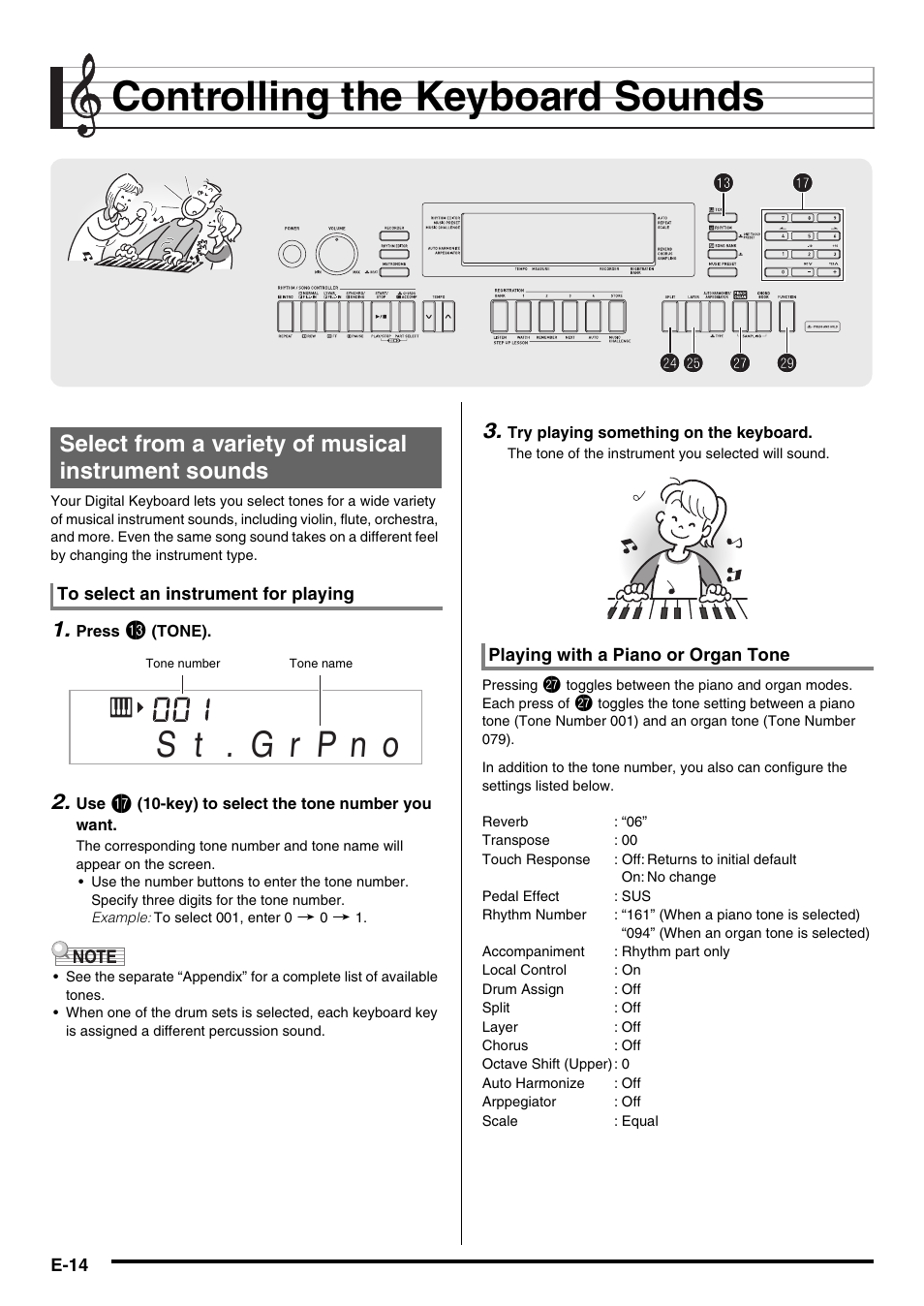 Controlling the keyboard sounds, Co cocp cp cr cr bn bn ct ct br br, Select from a variety of musical instrument sounds | Casio WK225 User Manual | Page 16 / 77