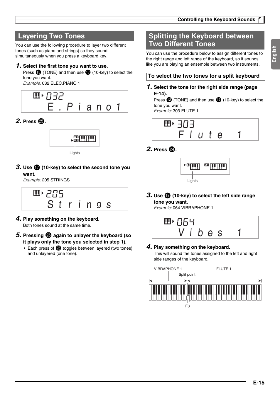 Layering two tones, Splitting the keyboard between two different tones | Casio WK225 User Manual | Page 17 / 77