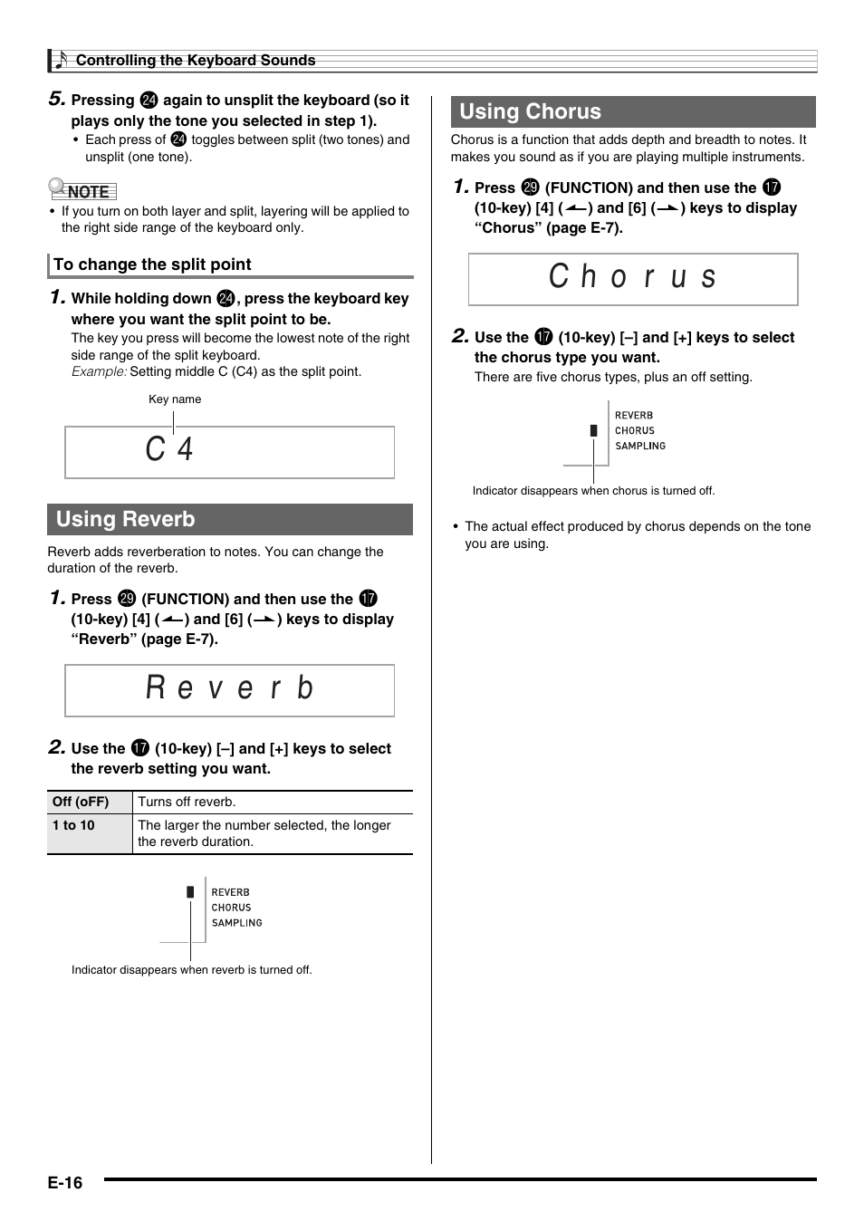 Using reverb, Using chorus | Casio WK225 User Manual | Page 18 / 77