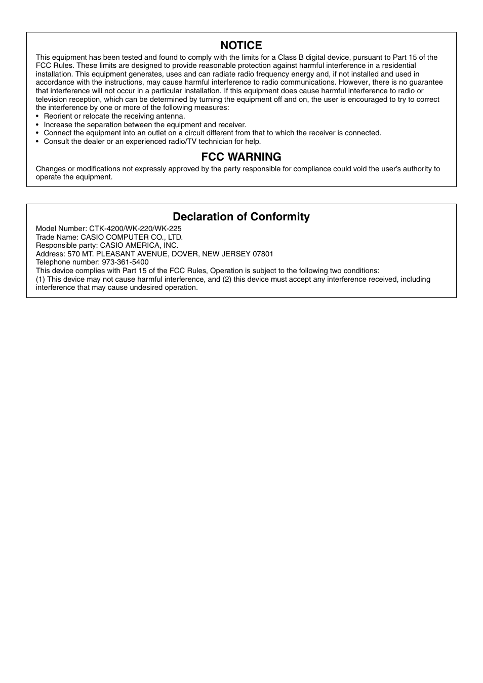 Notice, Fcc warning, Declaration of conformity | Casio WK225 User Manual | Page 2 / 77