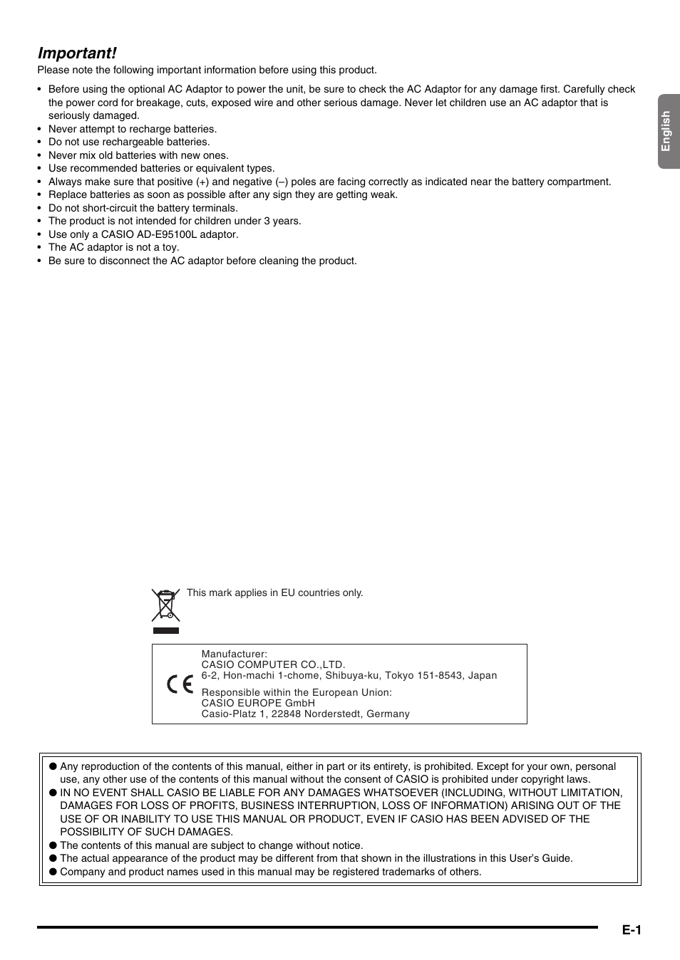 Important | Casio WK225 User Manual | Page 3 / 77