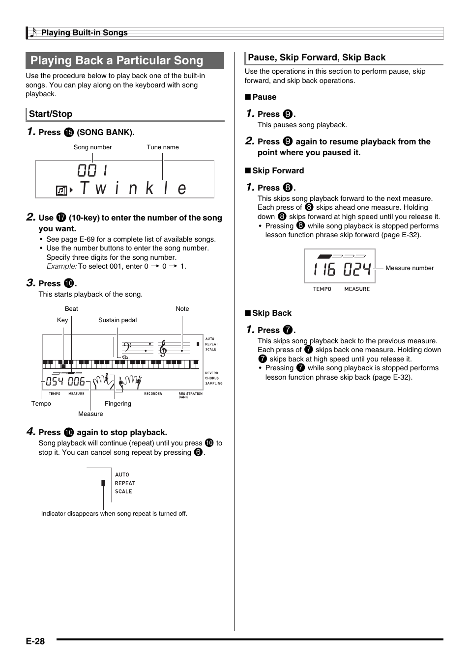 Playing back a particular song | Casio WK225 User Manual | Page 30 / 77