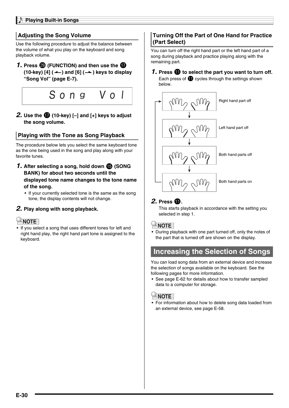 S o n, V o l, Increasing the selection of songs | Casio WK225 User Manual | Page 32 / 77
