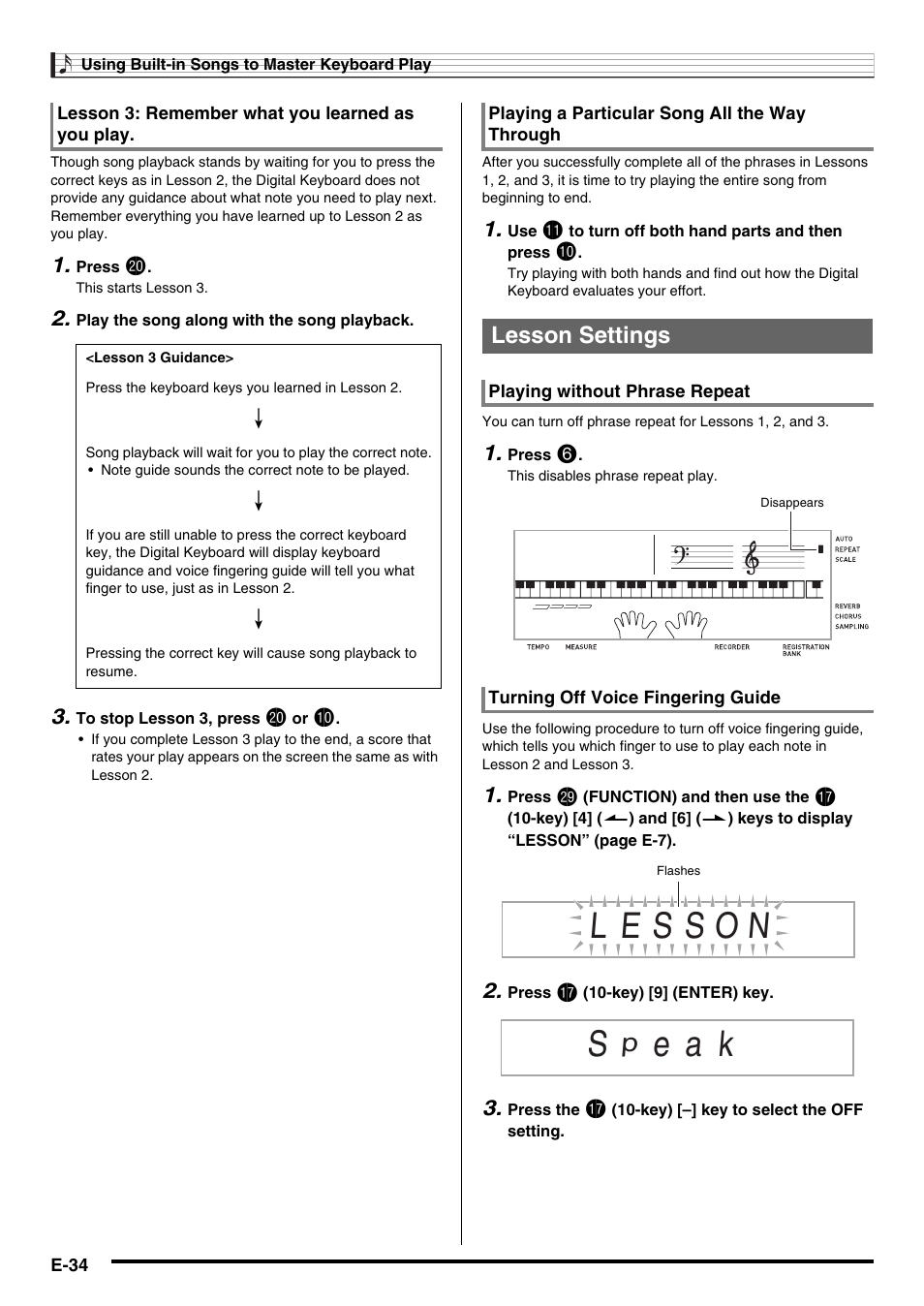 E a k, Lesson settings | Casio WK225 User Manual | Page 36 / 77