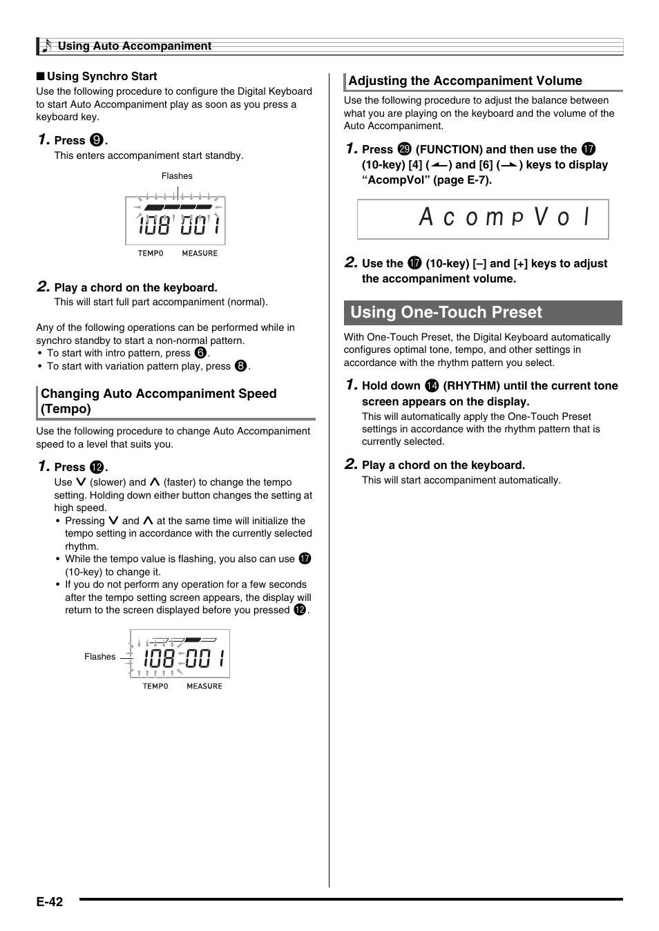 A c o m, V o l, Using one-touch preset | Casio WK225 User Manual | Page 44 / 77