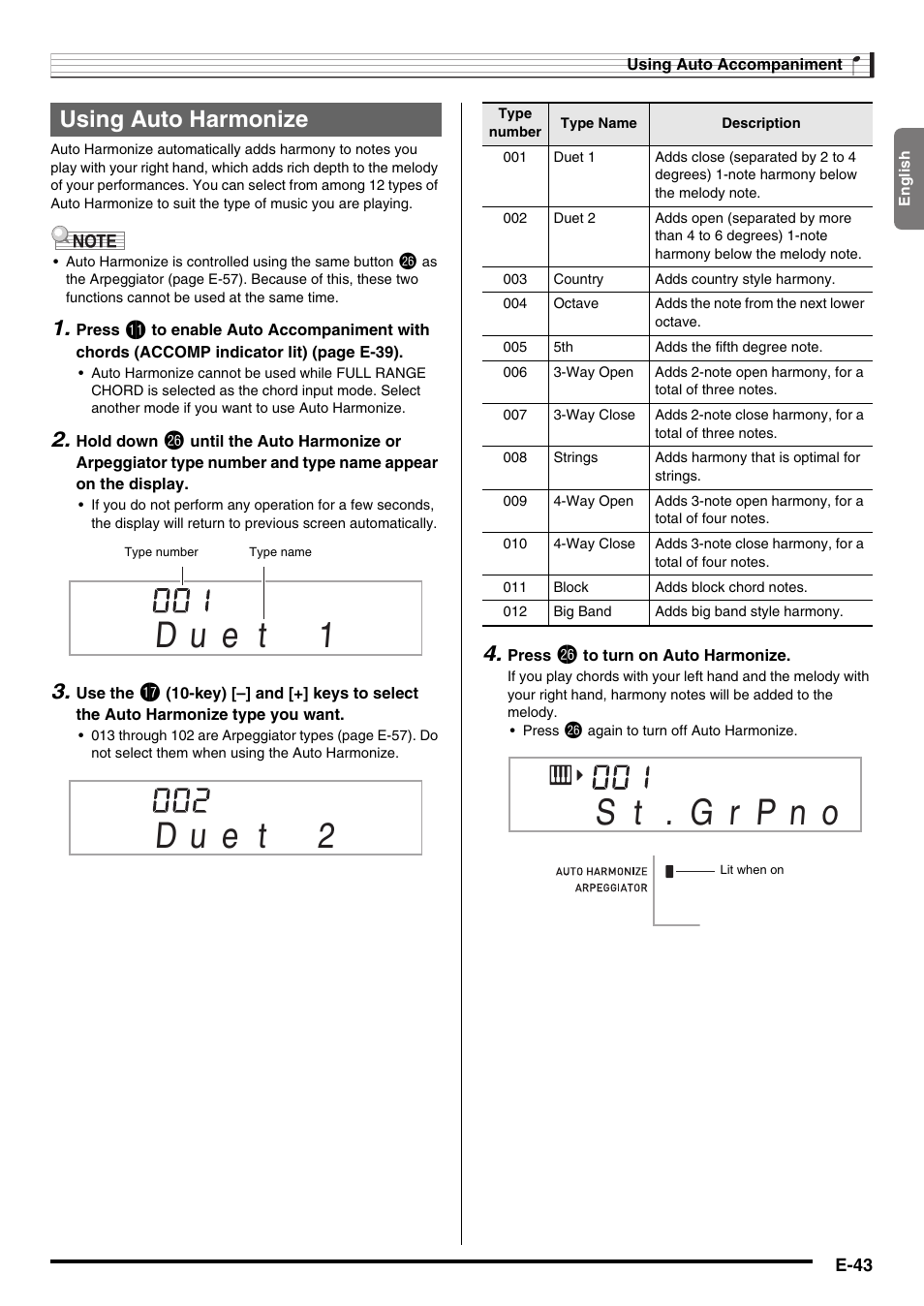 Using auto harmonize | Casio WK225 User Manual | Page 45 / 77